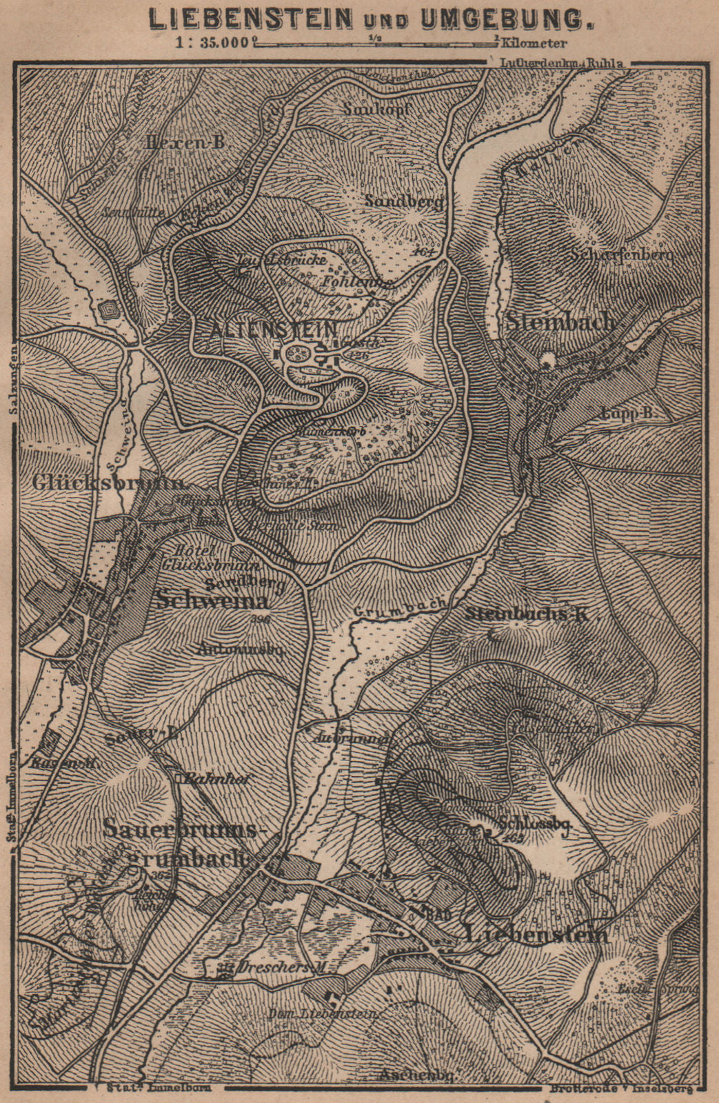 LIEBENSTEIN & environs/umgebung. Altenstein. Thurinigia karte. SMALL 1900 map